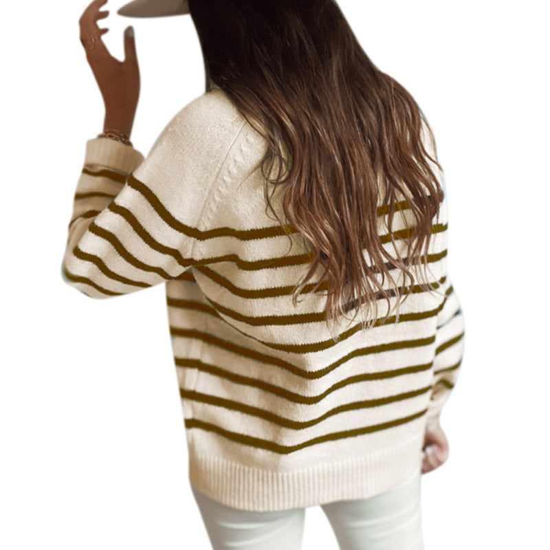 Striped knitted sweater for women with button placket and loose fit Lune London