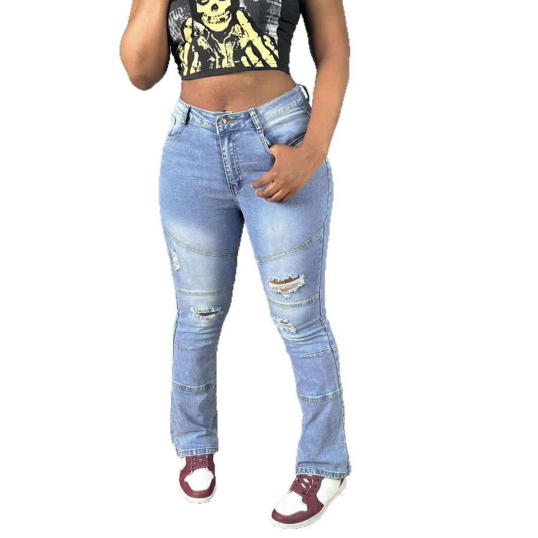 Women High-Waisted Distressed Flared Jeans with Panel Seams Amarae