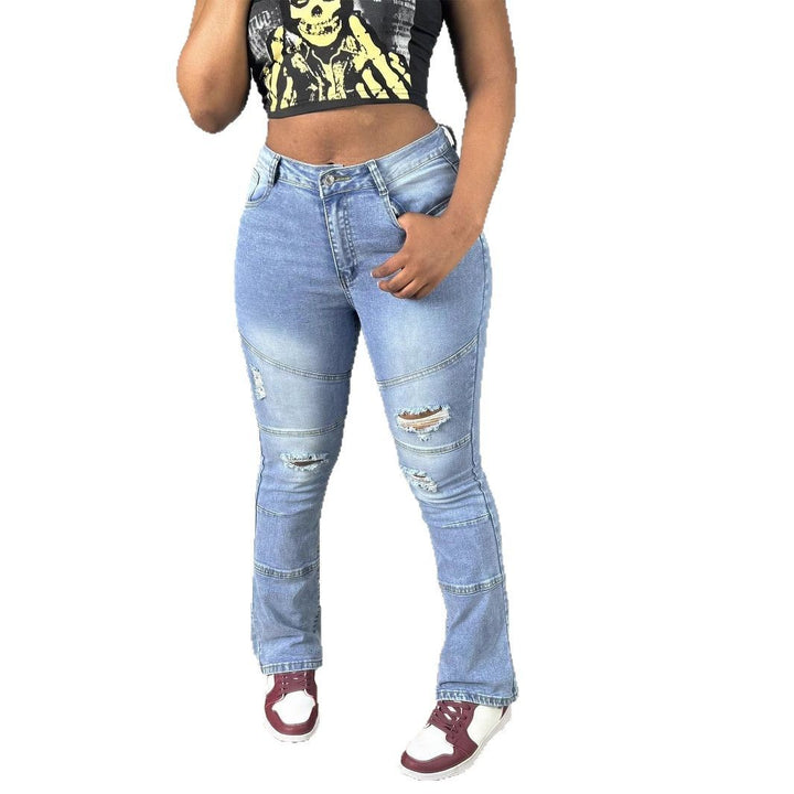 Women High-Waisted Distressed Flared Jeans with Panel Seams Amarae