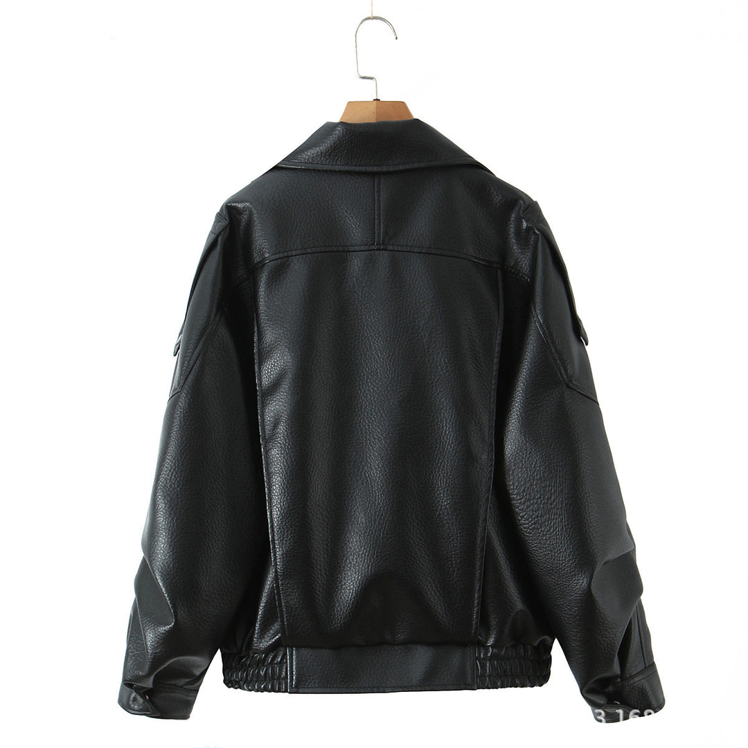 Fashionable women’s synthetic leather jacket with erotic lapels and elastic hem Lune London