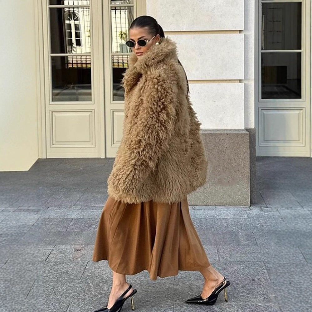 Women’s short coat made of voluminous bouclé faux fur with wrap and waist belt Amarae