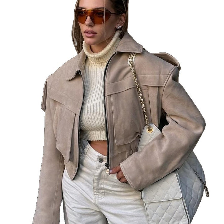 Women short blazer made of suede leather look with oversized shoulder and concealed zipper Amarae