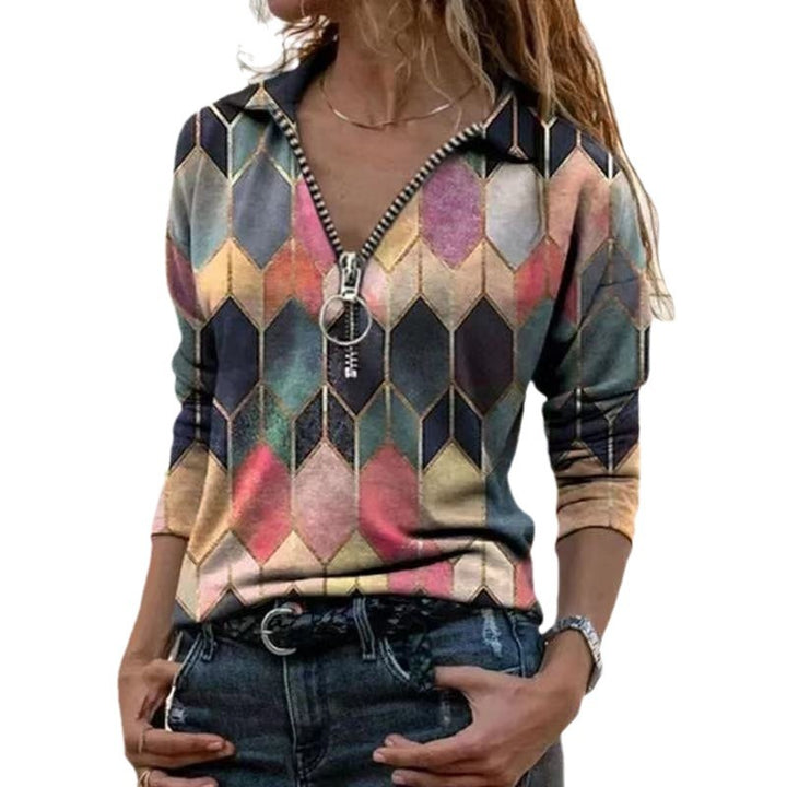 Women's zip pullover with polo collar, graphic diamond print and slim fit Amarae