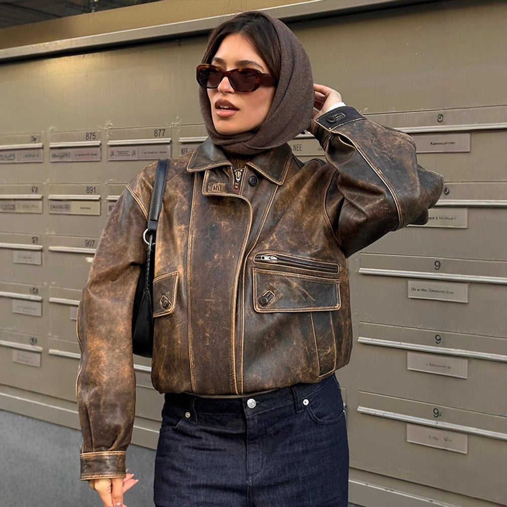 Women Vintage-inspired Oversized Leather Bomber Jacket with Used Look Amarae