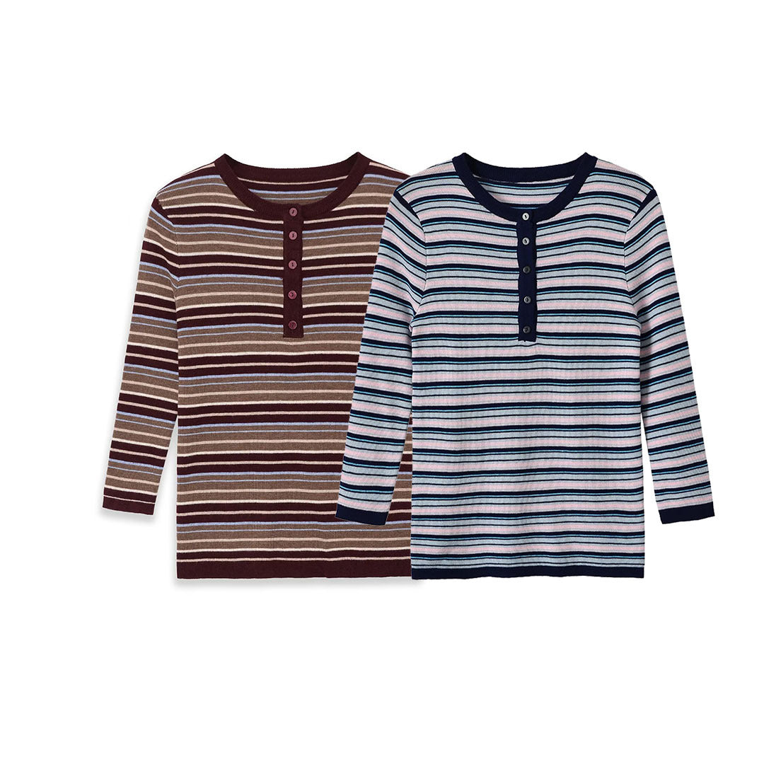 Women's fine knit Henley shirt with fine stripe structure and button placket Amarae