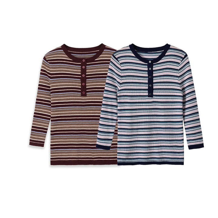 Women's fine knit Henley shirt with fine stripe structure and button placket Amarae