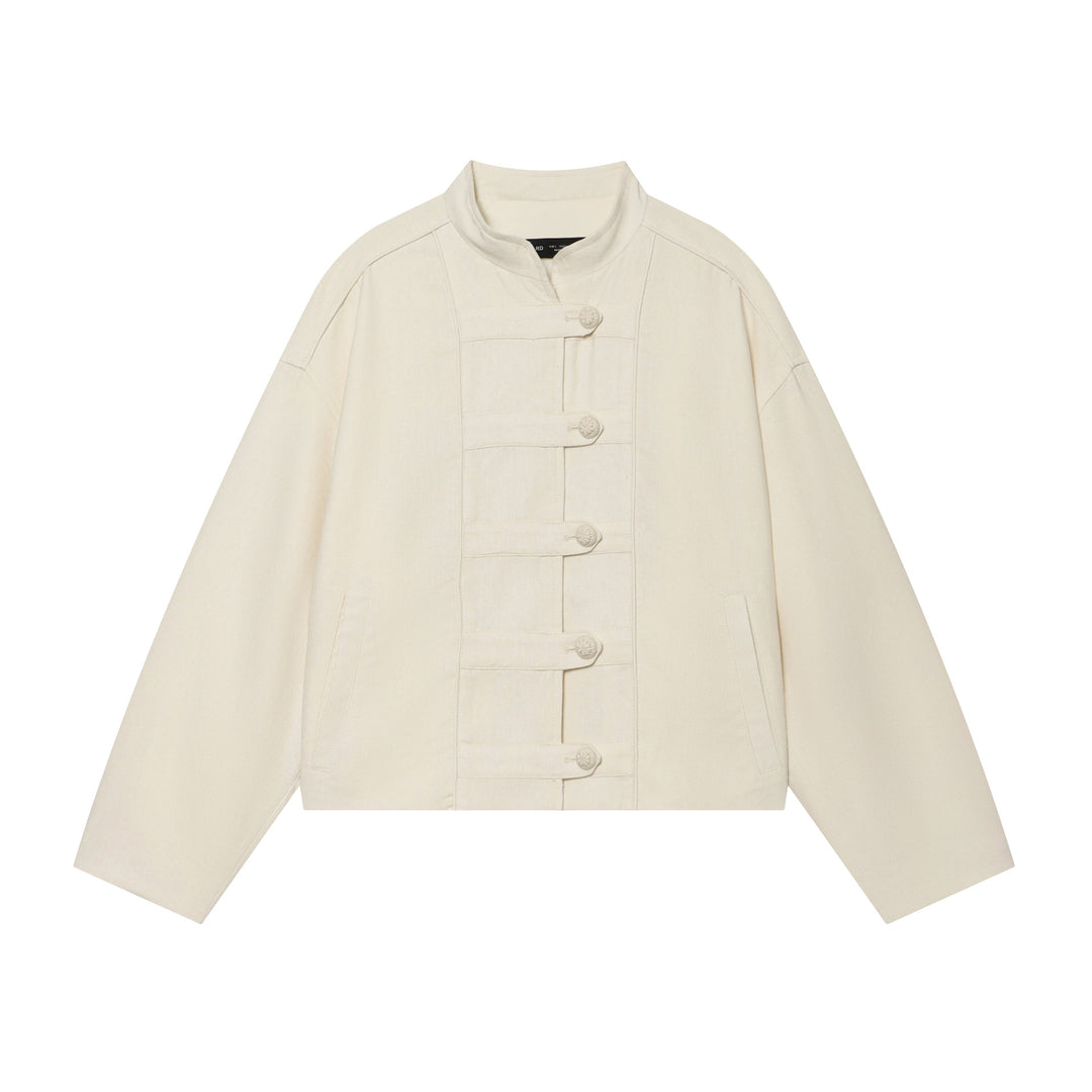 Women's Cropped Jacket with Stand-up Collar and Decorative Knot Buttons Amarae