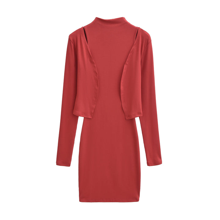 Ladies Figured Close-Fitting Midi Dress with Integrated Bolero and Stand-Up Collar Amarae