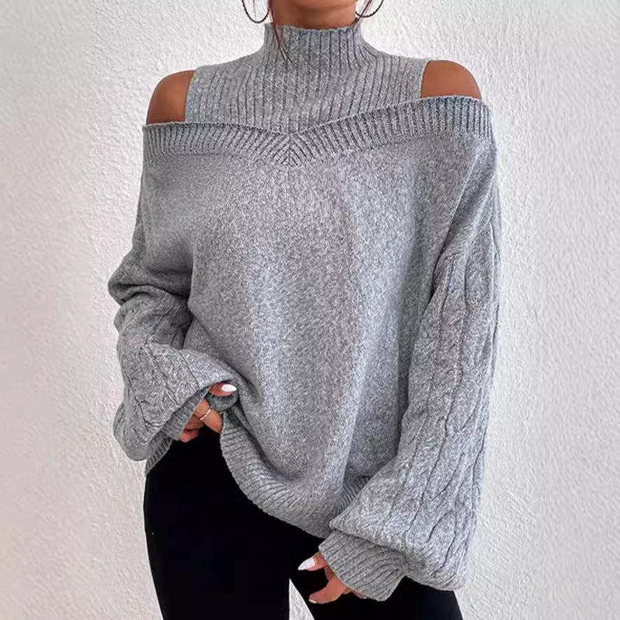 Damen Schulterfreier Oversize-Strickpullover mit Stehkragen Drune