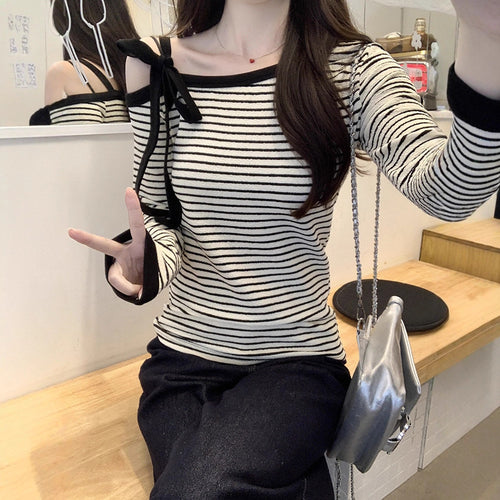 Women's Off-Shoulder Long Sleeve Shirt with Playful Tying Details