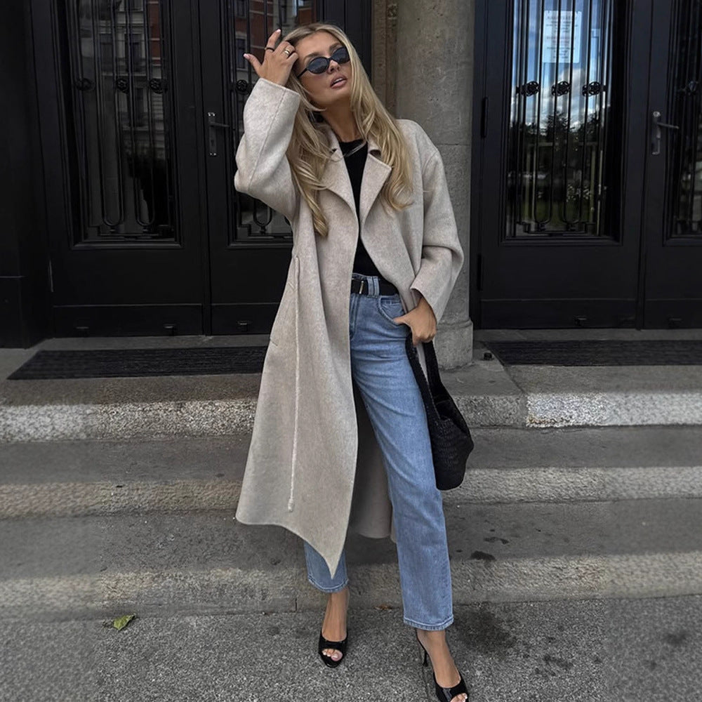 Women's Oversized Wool Blend Coat with Open Fall, Wide Shawl Collar, and Straight Cut Amarae