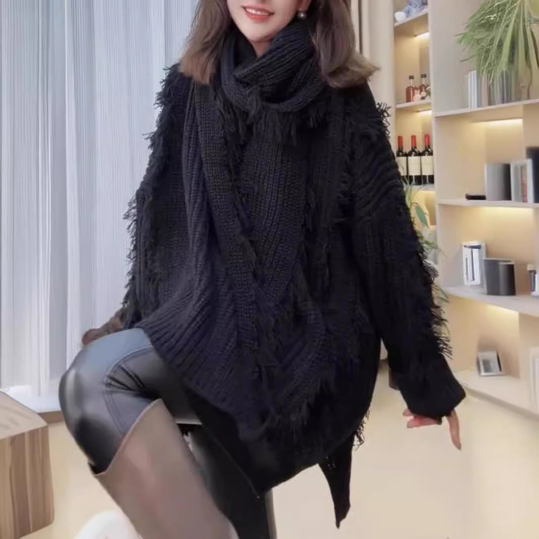 Pull en tricot surdimensionné femme avec franges et décolleté en V Chic & Stil