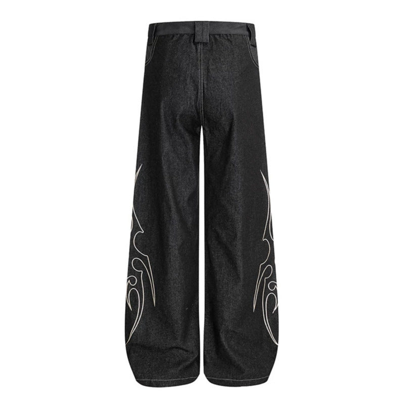 Women's Loose High-Waist Denim Cargo Pants with Flame Embroidery and Patch Pockets Amarae