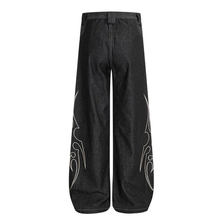 Women's Loose High-Waist Denim Cargo Pants with Flame Embroidery and Patch Pockets Amarae