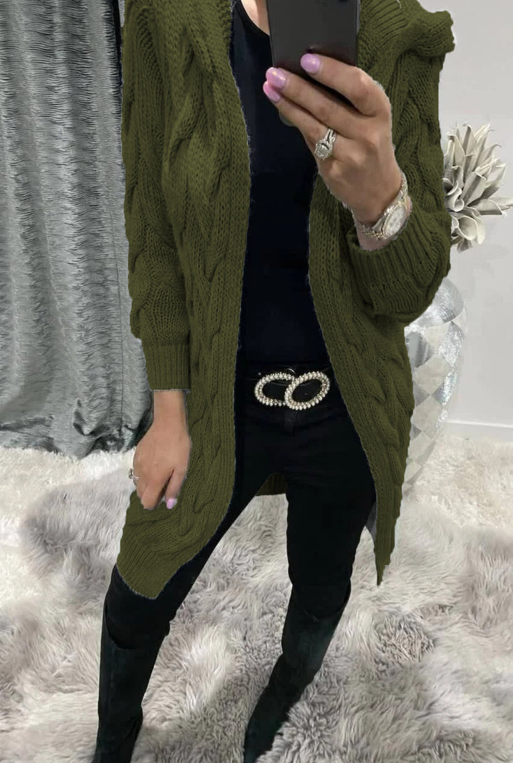 Thick knit jacket for women with an elegant cable pattern and a practical hood Lune London