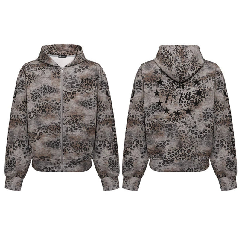 Women's hooded sweatshirt jacket with full zip and allover leopard print Amarae