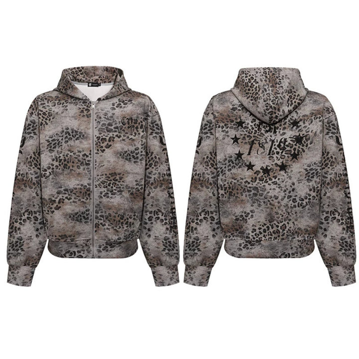 Women's hooded sweatshirt jacket with full zip and allover leopard print Amarae