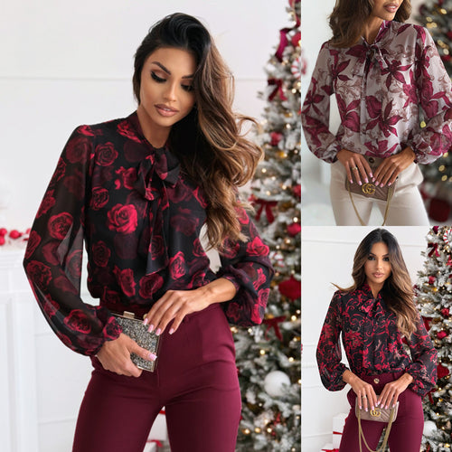 Transparent blouse for women with floral design and elegant knot collar Amarae