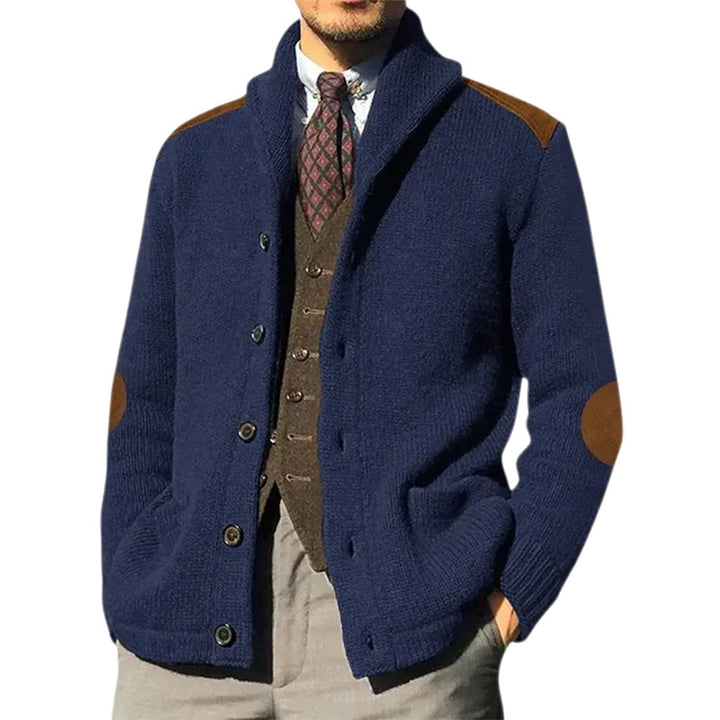 Men's knit jacket with classic shawl collar and elegant leather details Lune London