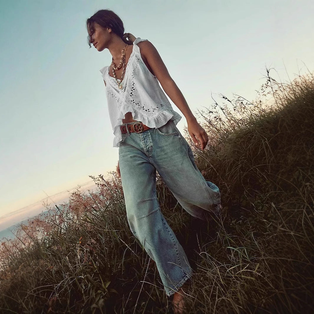 Ladies airy linen crop top with ruffles Lune London