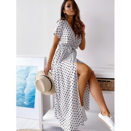 Maxi polka dot dress for women with side slit and tie belt Lune London