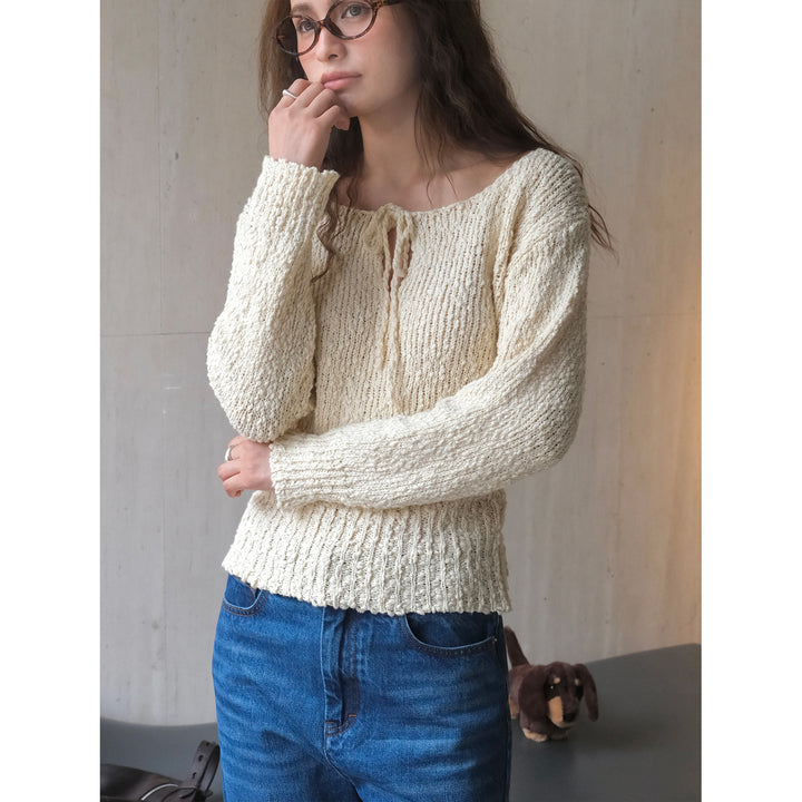 Women's chunky knit sweater with wide bateau neckline and tie belt Amarae