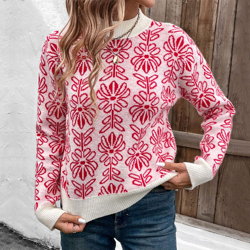 Knit sweater for women with floral patterns and an elegant high collar Amarae