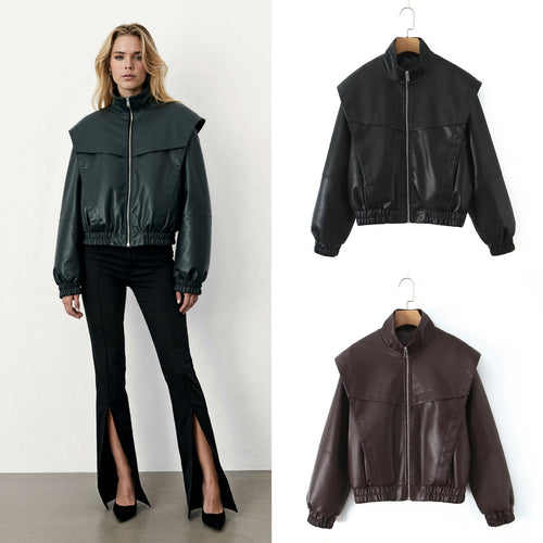 Elegant faux leather jacket for women with high collar Amarae