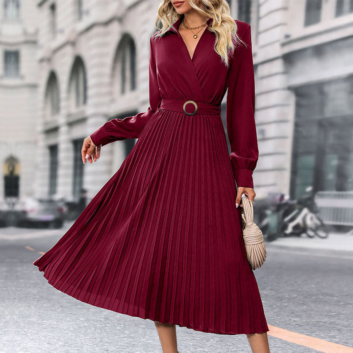 Lune London | Women's Pleated Midi Dress with Elegant Wrap Look and Waist Belt
