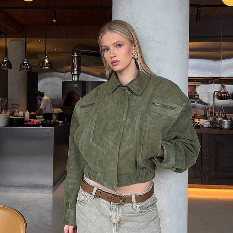 Women's Short Suede Bomber with Elastic Waist and Dropped Shoulder Amarae