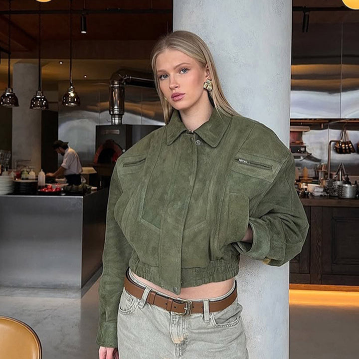 Women's Short Suede Bomber with Elastic Waist and Dropped Shoulder Amarae