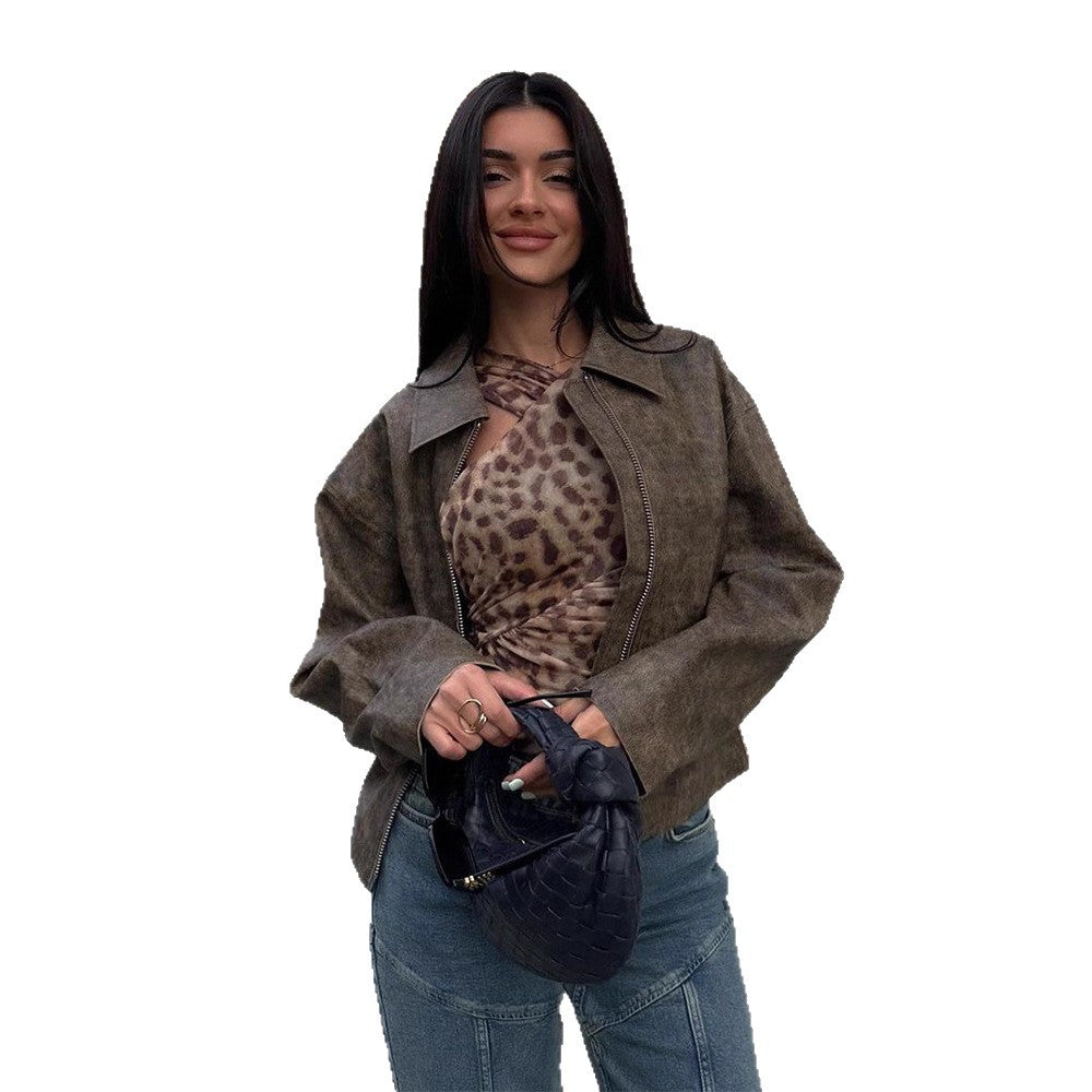 Women's Short Boxy Jacket in Vintage Suede Look with Distinctive Metal Zipper Amarae