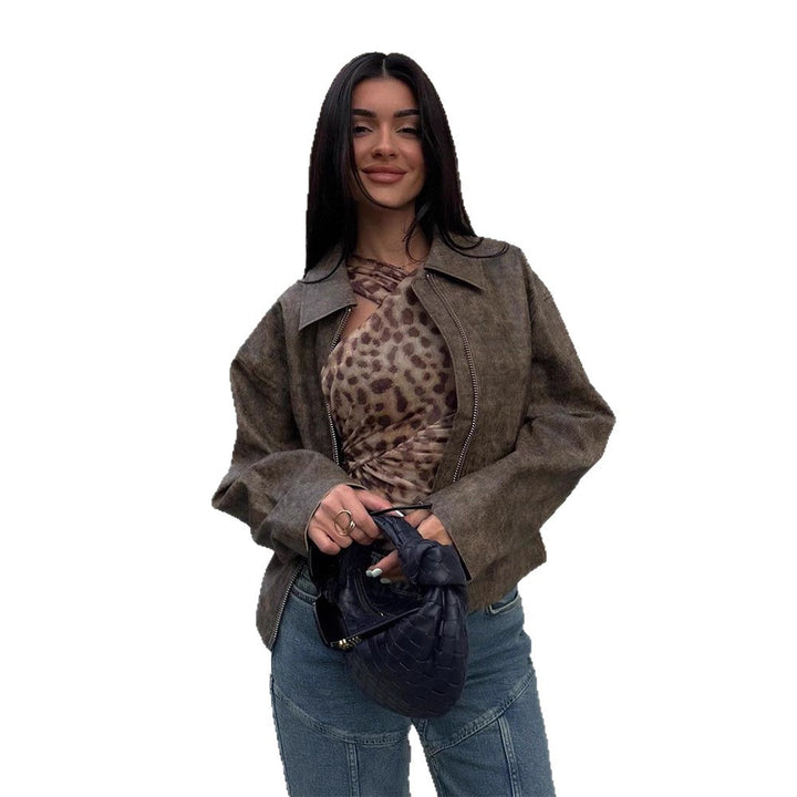 Women's Short Boxy Jacket in Vintage Suede Look with Distinctive Metal Zipper Amarae