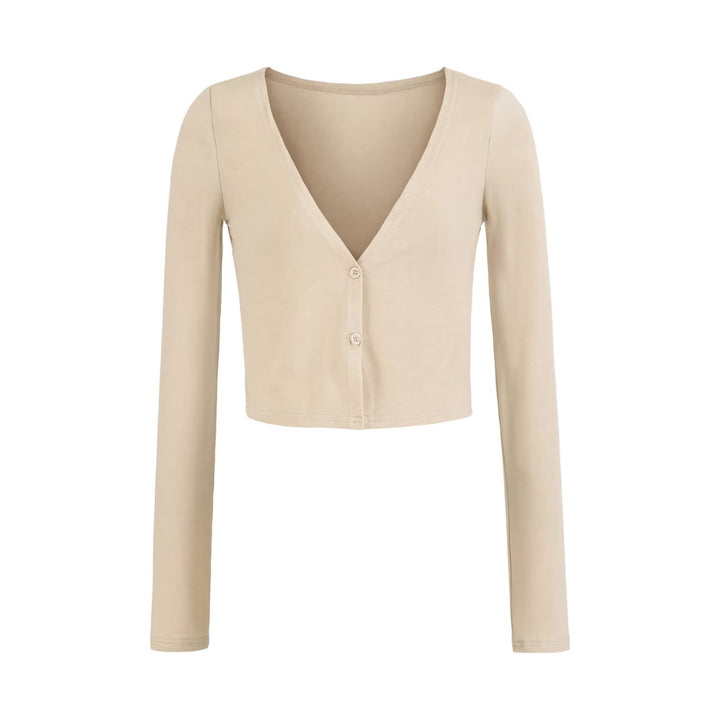 Women's Short Fine Knit Cardigan with Deep V-Neck and Button Front Amarae