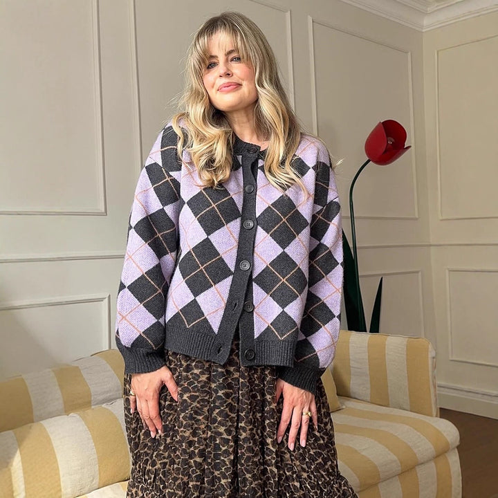 Ladies Argyle Cardigan with Boxy Silhouette and Large Button Placket Amarae