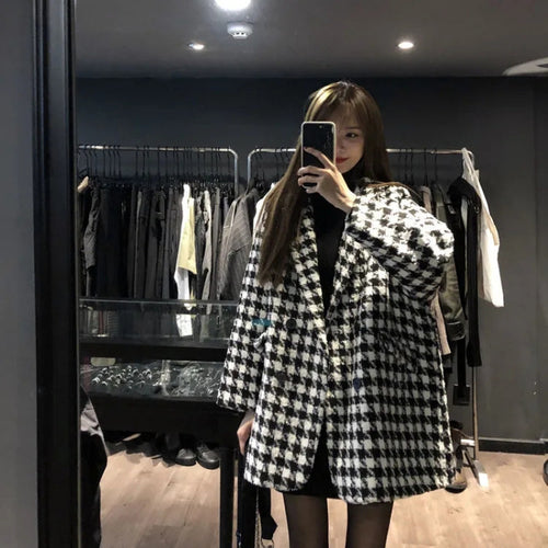 Women Oversized Check Coat with Double Button Placket Chic & Stil