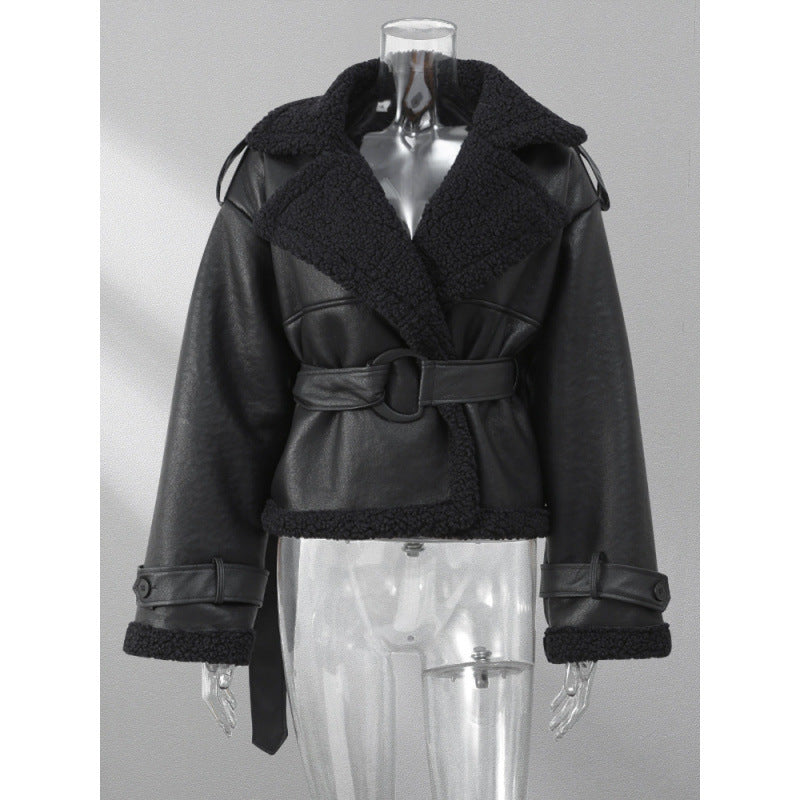 Faux leather jacket for women with plush lining and stylish belt Lune London