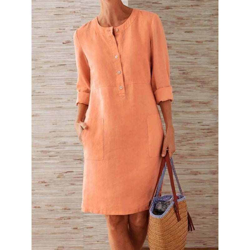 Women loose-fitting linen-look dress with three-quarter sleeves, button placket and side pockets Amarae