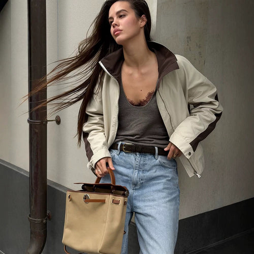 Women's Lightweight Bomber Jacket in Colorblock Style with High Stand-Up Collar Amarae