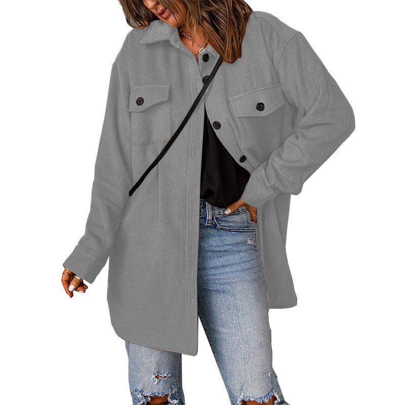 Ladies Oversized Leisure Jacket with Double Pockets and Chic Button Details