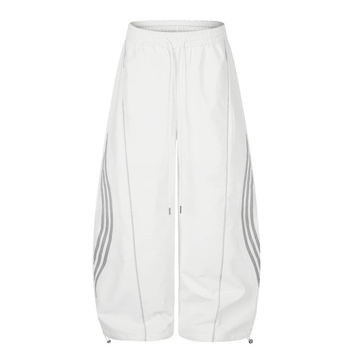 Women's Wide Tech Material Palazzo Pants with Drawstring Waistband, Reflective Side Stripes and Adjustable Cord Hem