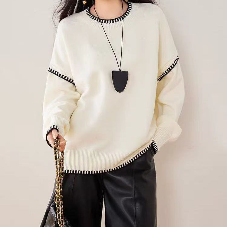 Pull en tricot décontracté pour femmes avec ourlet contrasté et manches douces Chic & Stil