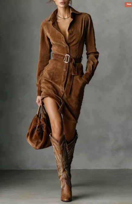 Robe chemise femme avec ceinture ajustée et poches latérales Chic & Stil