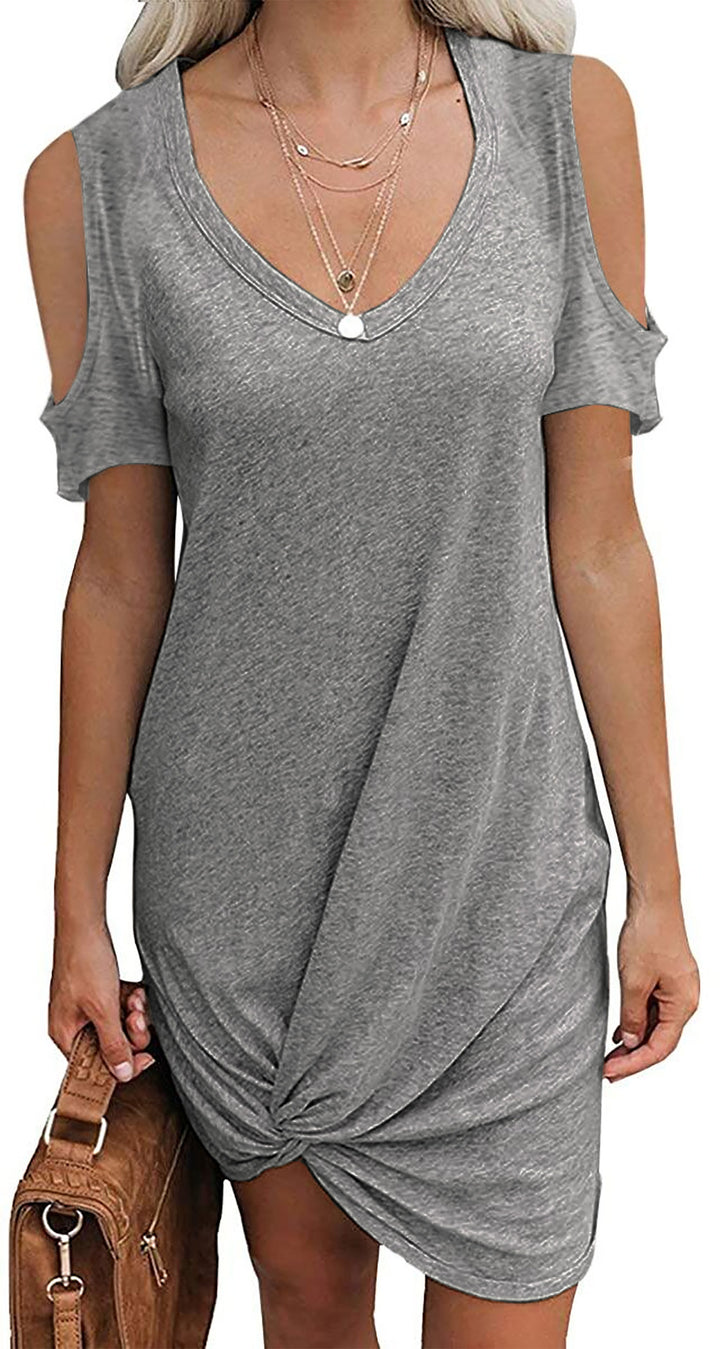 Mini V-neck dress for ladies with open shoulder design and refined tying details Lune London