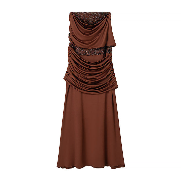 Ladies evening dress with off-the-shoulder draped top and sequin insert Amarae