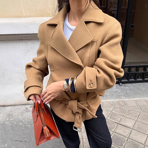 Women Tailored Wool Blend Short Coat with Tie Belt, Wide Lapels and Button Cuffs Amarae