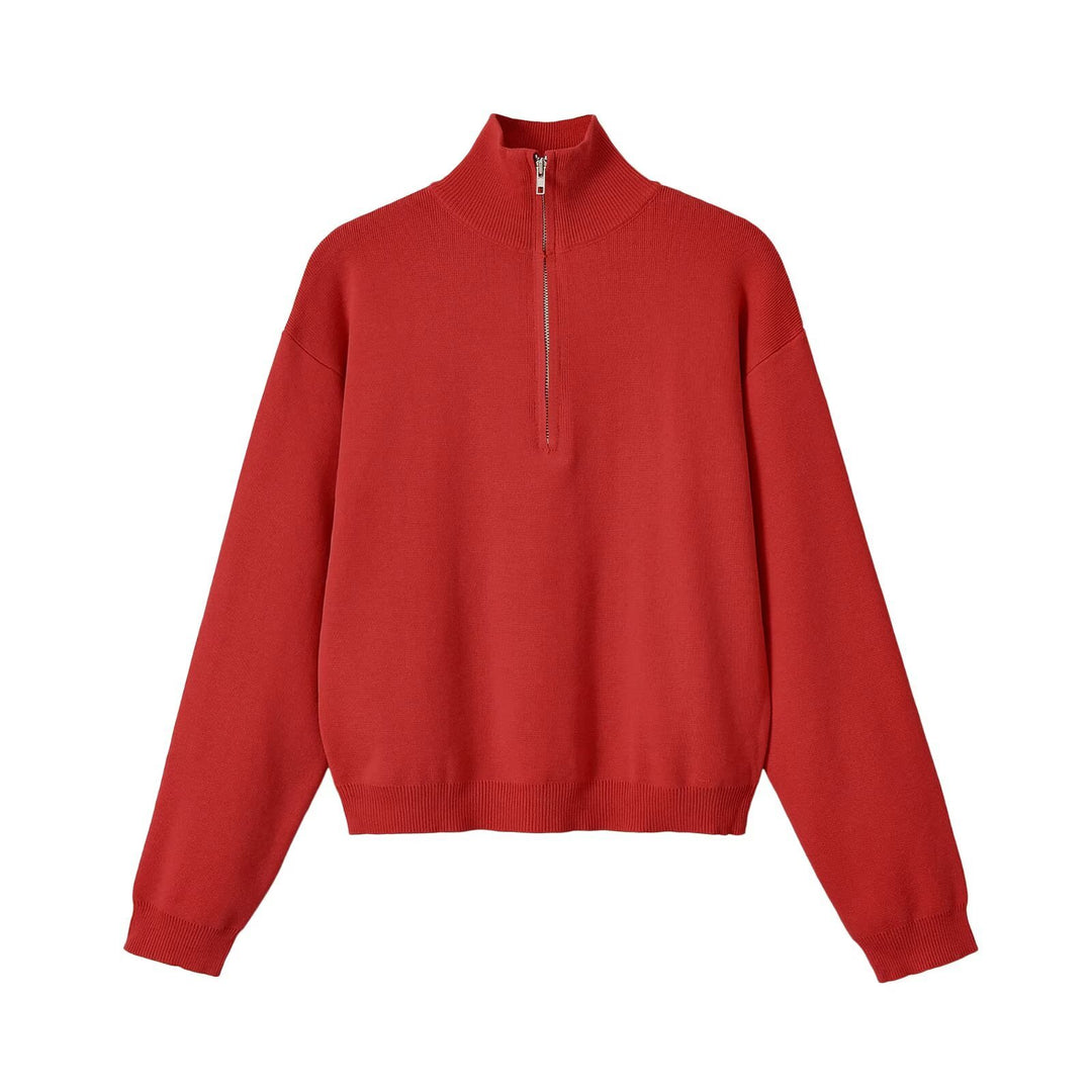 Women's Relaxed Half-Zip Fine Knit Sweater with Stand Collar and Dropped Shoulder Amarae