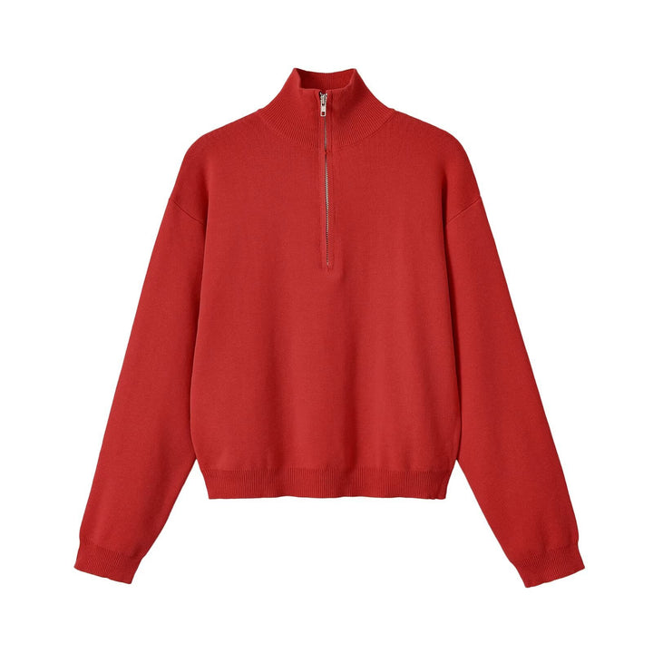 Women's Relaxed Half-Zip Fine Knit Sweater with Stand Collar and Dropped Shoulder Amarae