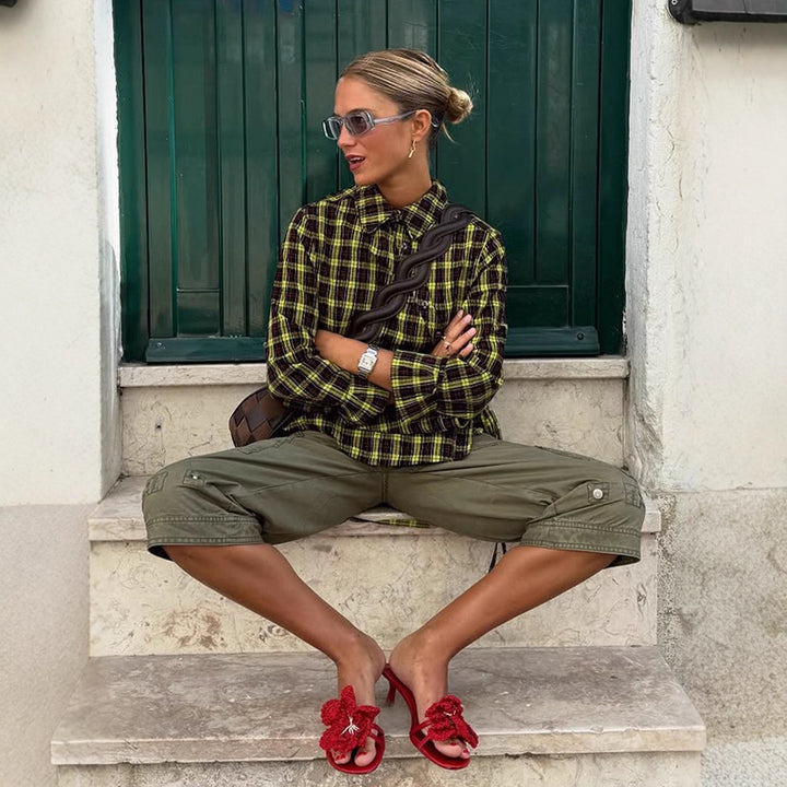 Ladies Checked Shirt Blouse with Drawstring Waist and Loose Fit Amarae