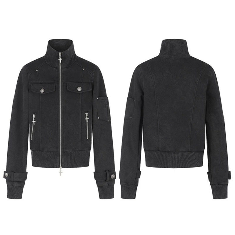Women Tailored Zip Jacket with High Stand-Up Collar, Decorative Straps & Adjustable Closures Amarae